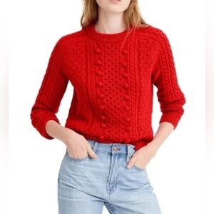 J.Crew Popcorn Cable Knit Fisherman Sweater Red Lambs Wool Size XS